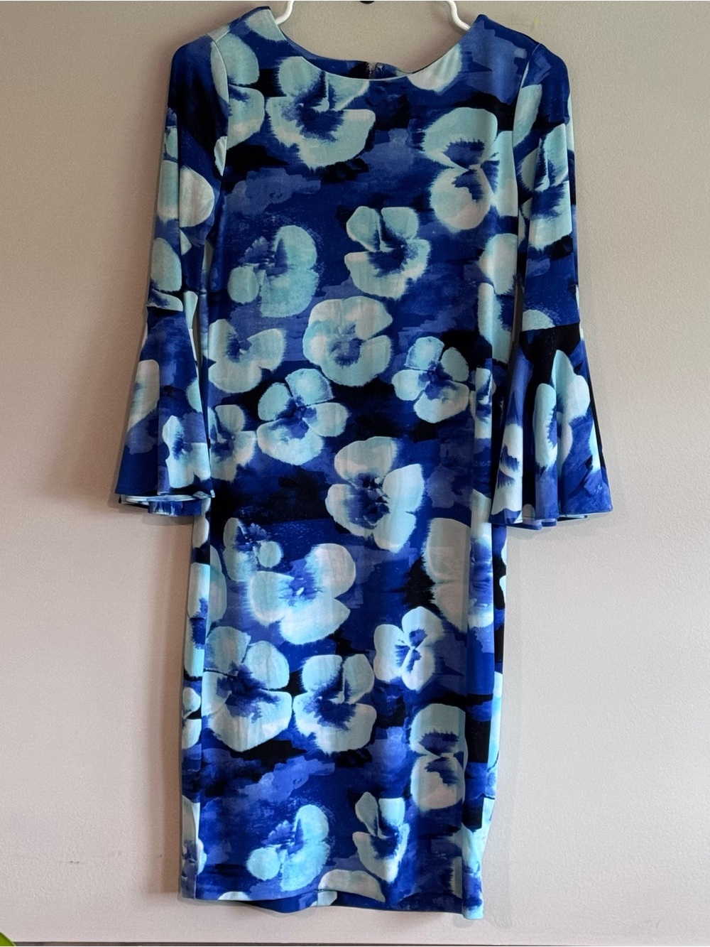 Calvin Klein Floral-Print Blue Shift Dress with Bell Sleeves